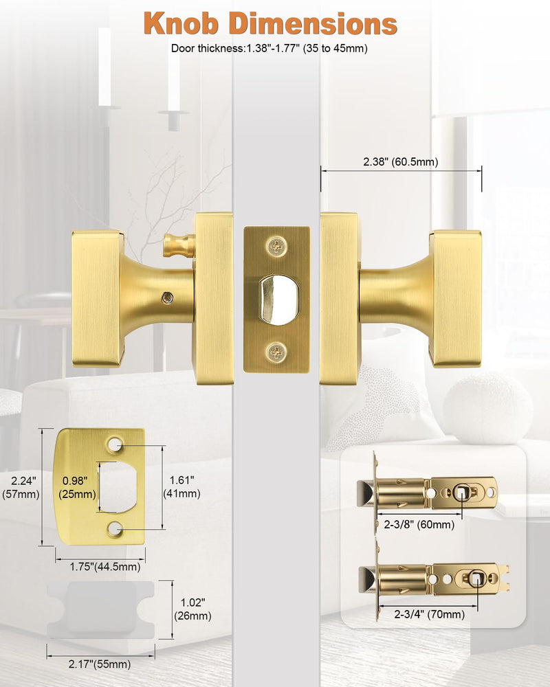 Probrico 1 Pack Gold Square Door Knobs, Modern Heavy Duty Design Door Handle for Bedroom Bathroom, Keyless Privacy Interior Door Knob with Lock