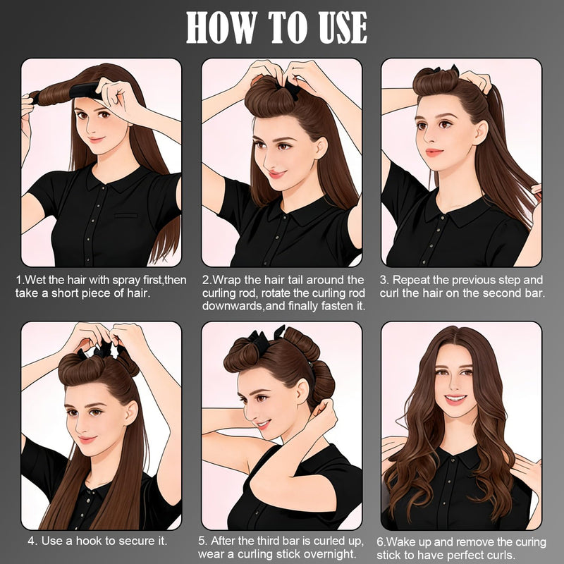 Heatless Curling Rods 3PCS, No Heat Hair Rollers with Satin Bonnet, Overnight Flexi Bars for All Hair Types(Black) Black