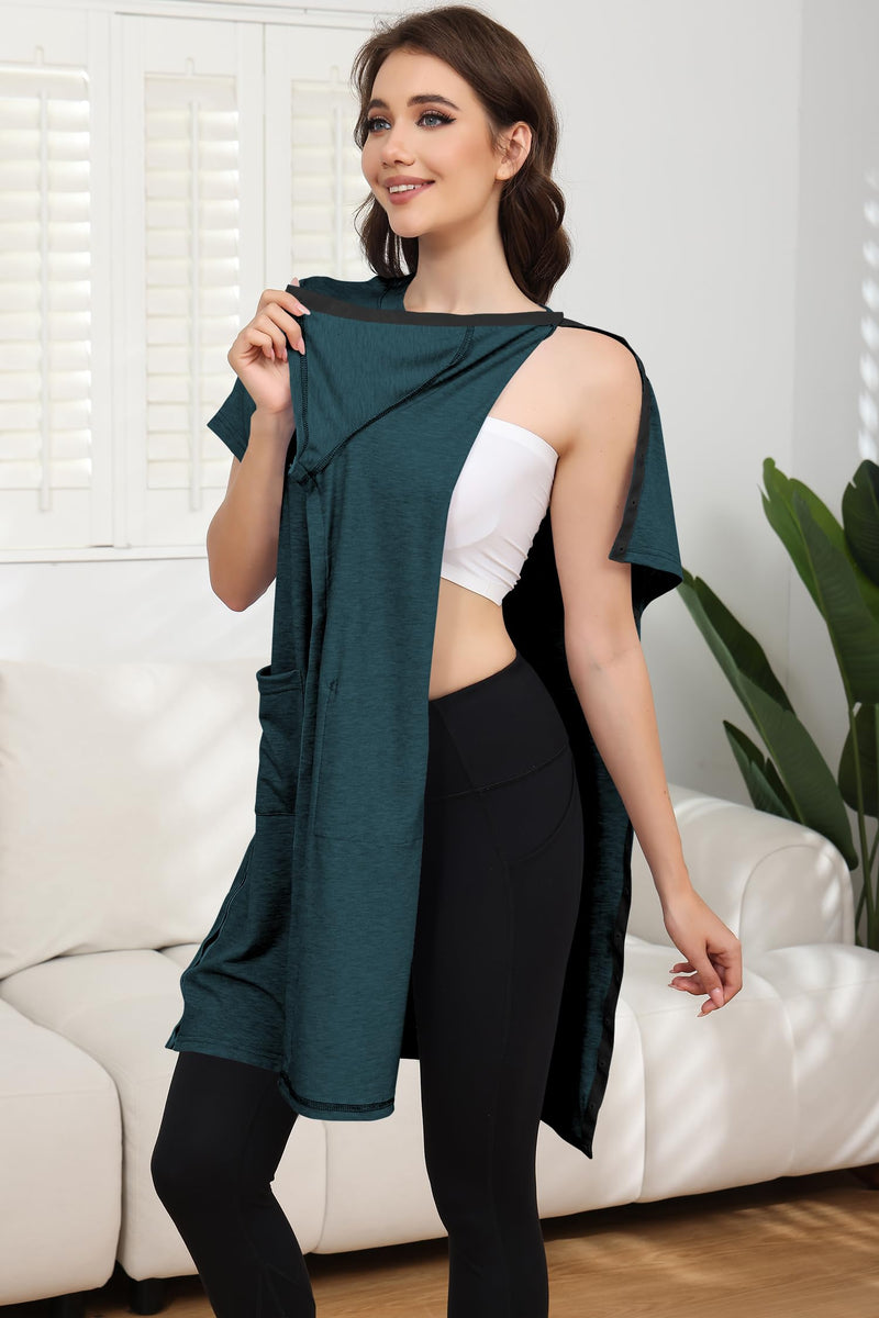 Women's Post Shoulder Surgery Tear Away Dress Short Sleeve Full Open Side Snap Adaptive Clothing with Pockets Dark Green XX-Large