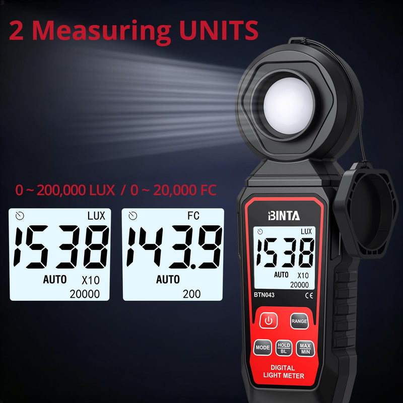 BINTA Handheld Digital Light Meter, Lux FC Illuminance Meter 0~200,000 Lux | 4 Digit Backlit LCD, Rotatable Sensor Max/Min Data Hold Auto Record Tester for Plants Photography Car LED Lights