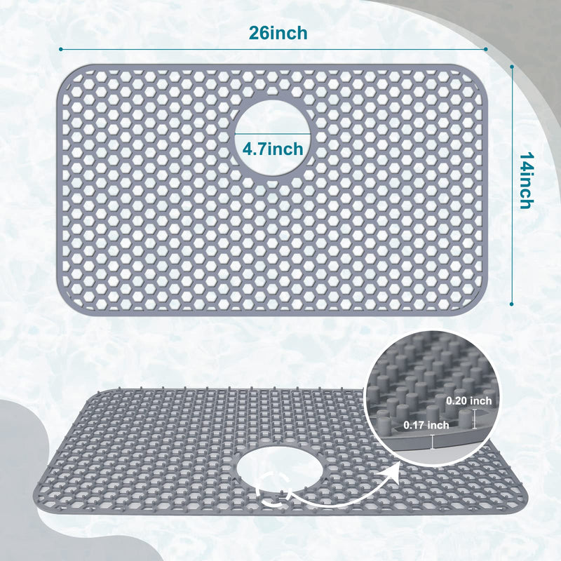 Bestjing Silicone Sink Protectors for Kitchen Sink with Rear Drain - 26"x 14" Kitchen Protector Accessory, Non-Slip Heat Resistant Grid Mat for Bottom of Farmhous Peorcelain Stainless Steel(Rear Hole) 26" x 14" Rear Drain Gray(1 Pack)