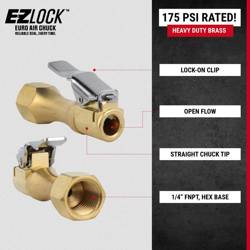 Milton EZ-Lock™ Air Chuck, Heavy Duty Brass Straight Lock-on Air Chuck, 175 PSI, Open Flow