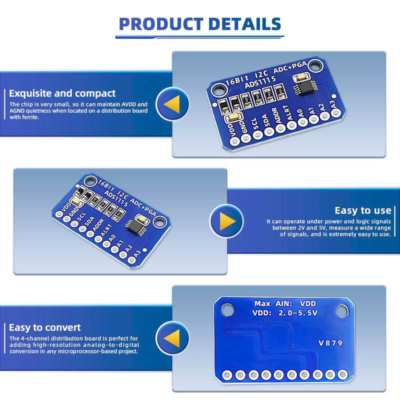 4PCS ADS1115 16 Bit 16 Byte 4 Channel I2C IIC Analog-to-Digital ADC PGA Converter with Programmable Gain Amplifier High Precision ADC Converter Development Board