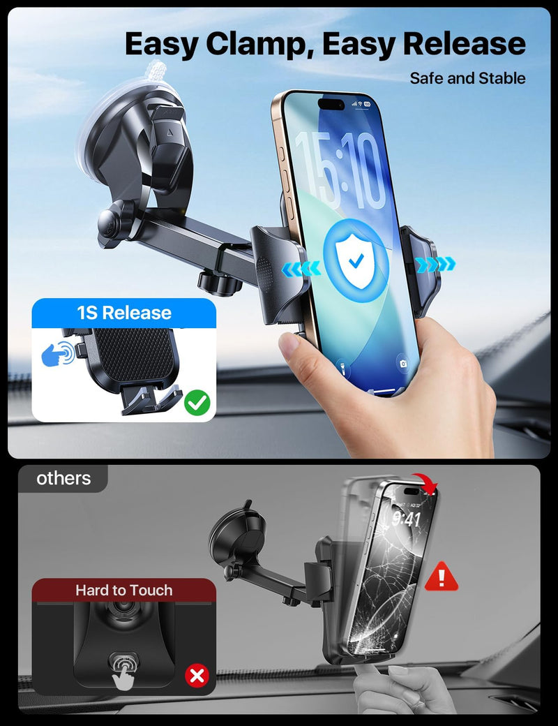 andobil Military-Grade Phone Holders for Your Car 【89+ LBS Strongest Suction & Metal Clip】 2026 Ultimate Car Phone Holder, Dashboard Windshield Vent Cell Phone Car Mount for iPhone Sumsung Android Black