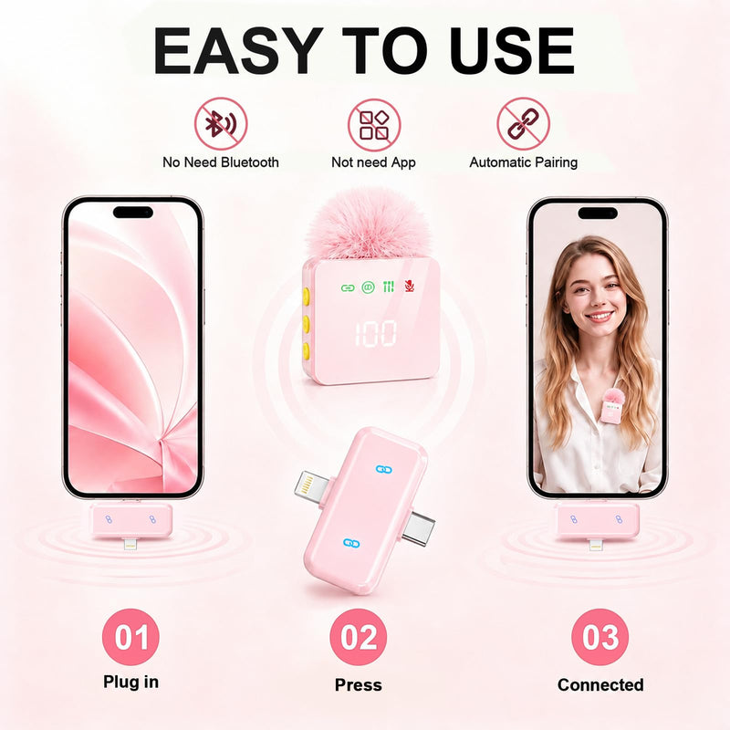 2 Mini Wireless Lavalier Microphones for iPhone & Android, Noise Cancelling, Plug & Play, 60H Battery with Charging Case, Portable Lapel Mic for Content Creators, Podcast, Streaming (Pink) Pink 2