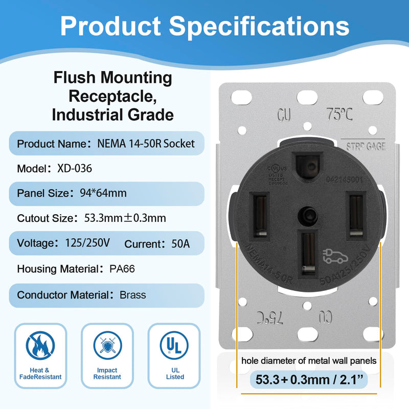 NEMA 14-50R Outlet - High-Power Outlet, Supports Up to 50 Amps, 125/250 Volts, Ideal for Electric Vehicles, RVs, and Large Appliances, Heavy-Duty Design, 3-Pole 4-Wire.