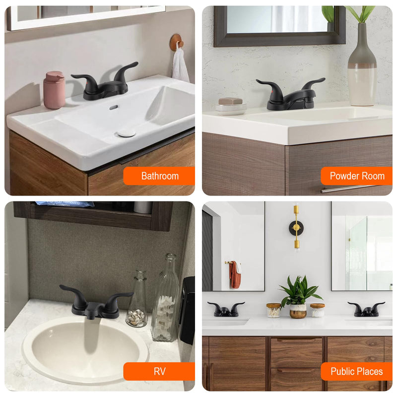 Bathroom Sink Faucets 2/3 Hole,Matte Black Dual Handles 4 inch Plastic Plating Over Bathroom Faucet with Pop-up Drain and 2 Supply Hoses for Apartment Rvs Sink Vanity Matte Black