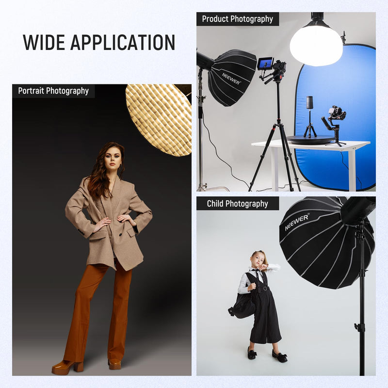 NEEWER 25.6"/65cm Softbox Parabolic Hexadecagon, Quick Setup/Fold Like Umbrella with Bowens Mount, Metal Beauty Dish/Diffusers/Grid/Bag for CB200B CB60 MS60B MS60C Compatible with Aputure Godox, NS65U