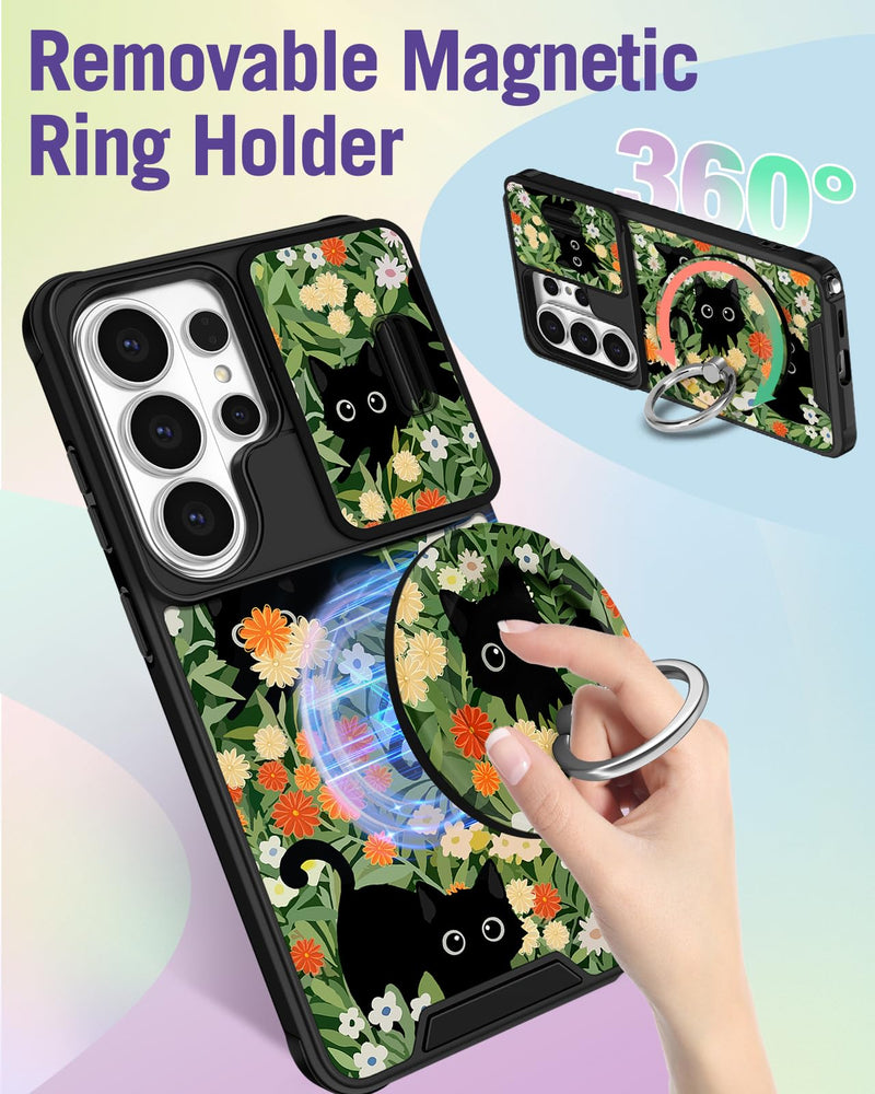 Buleens for Samsung Galaxy S26 Ultra Case - with Ring Stand & Camera Cover Aesthetic Cute Designed for Women Girls Girly Kawaii Cats Floral for Samsung S26 Ultra Phone Case Compatible with Magsafe Cat Flowers