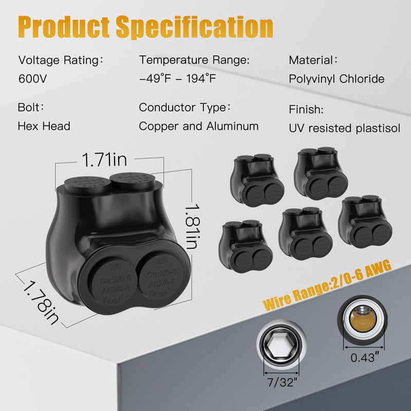 STARELO 6PCS 2 Port Insulated Wire Connector, Single-Sided Splice, Multi Tap Cable Connector for Copper and Aluminum Wires, Slotted Hex, Black Vinyl Coated, Pre-Filled Oxide Inhibitor (2/0-6 AWG) 6PCS 2port 2/0-6 AWG