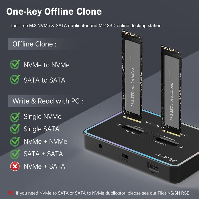 M.2 Duplicator Cloner Dual-Bay Offline USB C to NVME SATA Docking Station, M.2 Reader 20Gbps for Both (M Key, B+M Key) PCIE NGFF Dock, Size 22110 2280 2260 2242 2230 Enclosure - NN/SS RGB M.2 Duplicator Cloner Pilot NN/SS RGB [Plastic]