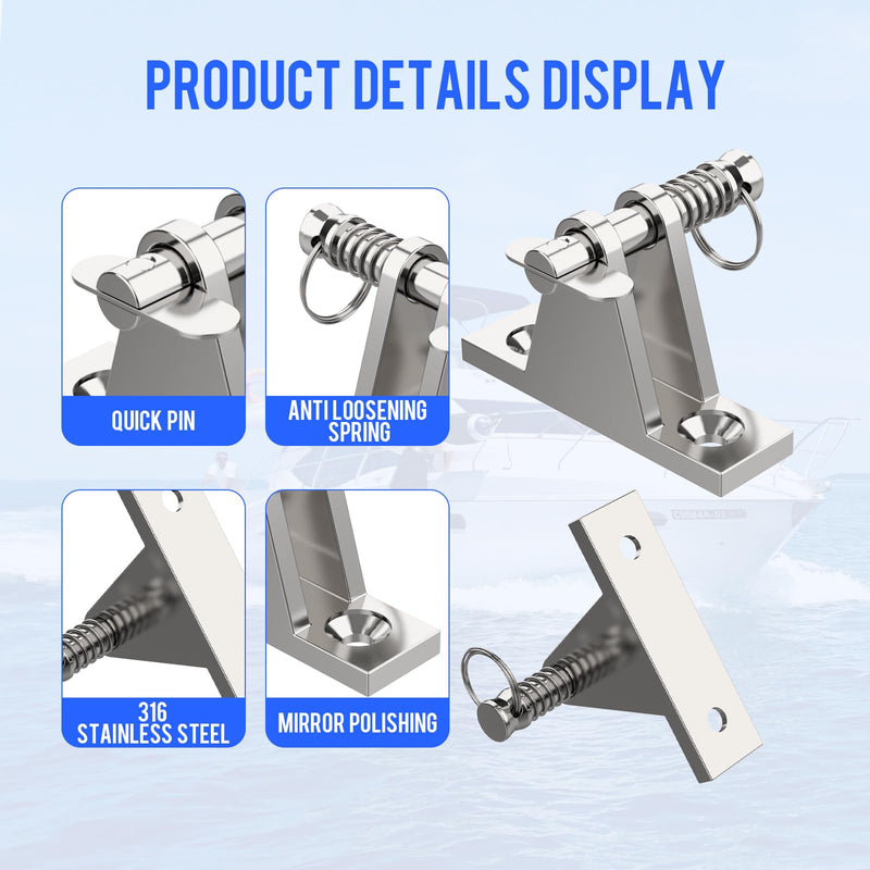 Bimini Top Deck Hinge Kit - 316 Stainless Steel Marine Hardware with Quick-Release Pins, 4 Hinges + 10 Impact Screws - Corrosion-Proof Mounting for Boats, Kayaks, Canoes