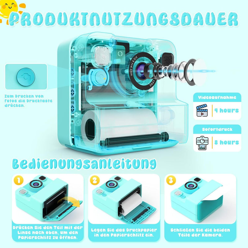 Kids Camera Instant Print, 48MP Digital Camera Selfie 1080P HD,Toys Gifts for Girls Boys Aged 3-16,Digital instant video printing cameras with 3 rolls of paper and 32 GB for Christmas/Birthday/Holiday