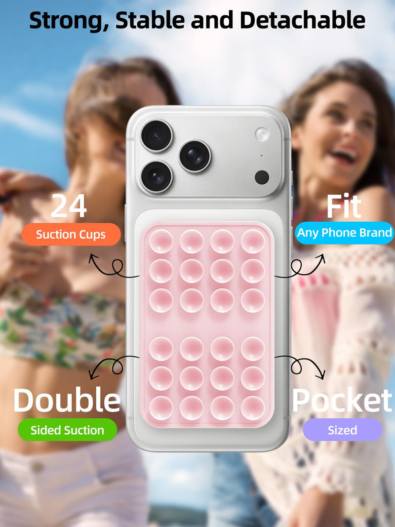 Double Sided Silicone Suction Cup Phone Case Mount for Selfie & Video, Pink | Sticky Phone Grip Securely Stick Phone to Mirrors, Glass, Windows, Reusable Hands-Free Phone Suction Grip for iPhone, Android