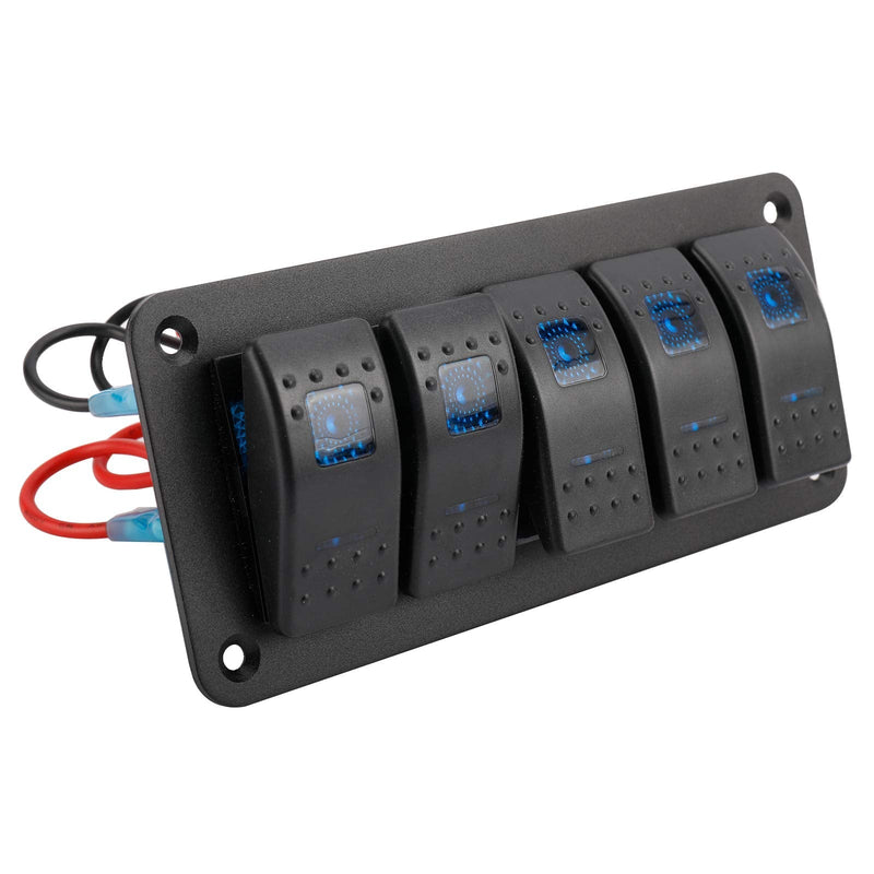 Amarine Made 12-24V Boat Switch Panel Illuminated Rocker Switch Aluminum Pre-wired Panel 2,3,4,5,6,8 Gang Toggle Switches Dash 5 Pin ON/Off 2 LED Backlit for Bus Boat Car Marine Blue LED IP65 (5 Gang)