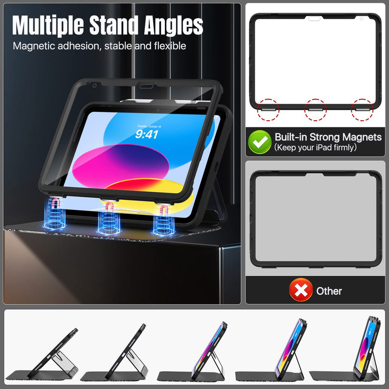 MoKo for iPad 11-inch (A16) 11th Generation Case 2025/ iPad 10th Generation Case with Pencil Holder 2022 10.9 inch, Built-in Screen Protector Clear Back, Multi Angle Viewing Stand, Notebook Black