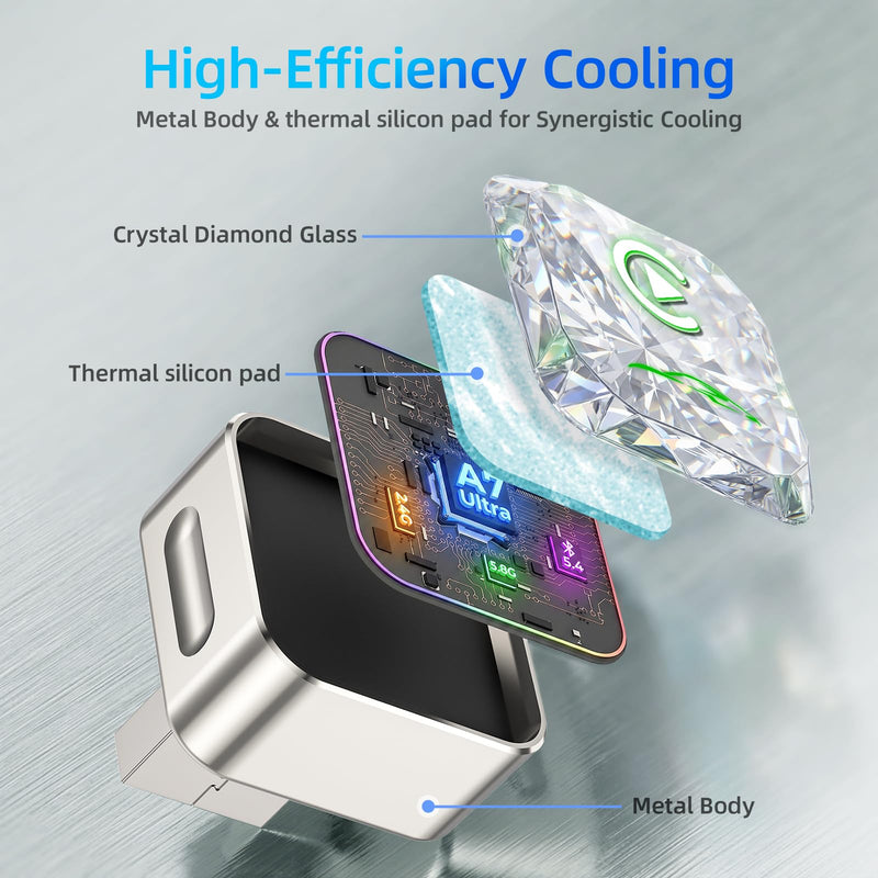 Wireless Apple CarPlay Adapter, 5.8G Quad-Core Chip No Latency, Aerospace Silicone Cooling, Zn-Alloy & Diamond Panel, Plug & Play Wired to Wireless CarPlay Adapter