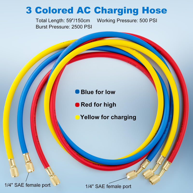 3 Pieces AC Manifold Gauge Hose Kit, R410A Refrigerant Charging Hoses 1/4 SAE, 5FT AC Manifold Gauge Hose Kit for R134A R410A R22 R404A, A/C Charging Hose 60‘’