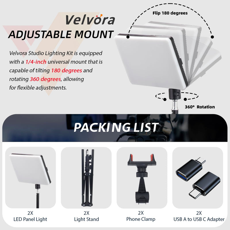 2-Pack LED Video Light Kit, Velvora 15W Photography Lighting with 28"-60" Adjustable Tripod & Phone Holder, 2700-7500K Bi-Color Dimmable Panel (CRI 95+), for Live Streaming, Podcast, Studio & YouTube
