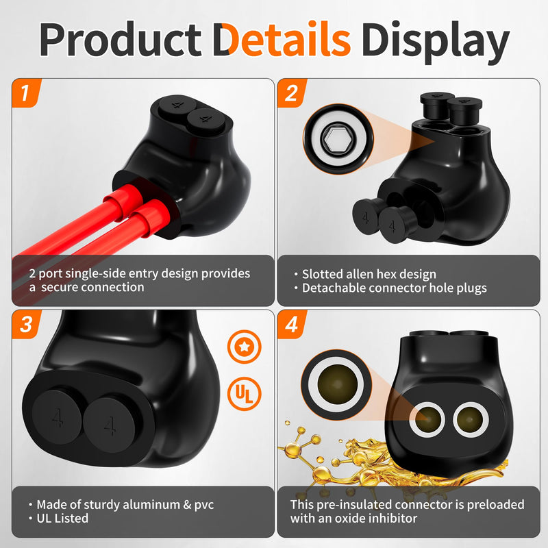 Joinfworld 2 Port Insulated Multi Tap Connector 4-14AWG Aluminum to Copper Wire Connectors Single Side Entry Aluminum Black Insulated Wire Connectors with Slotted Allen Hex - 10 Pack 4-14 AWG(10pcs)