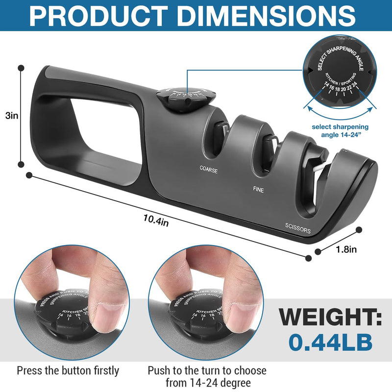 Adjustable Knife Sharpener Kit – Angle Control, Non-Slip Base & Ergonomic Handle – Safe Kitchen Knife Sharpener for Steel & Pocket Knives – Sharpening Tool with Scissors Slot