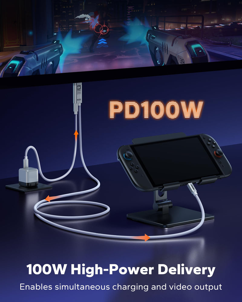 JEMDO Switch 2 (22.2.0+) Dock HDMI Cable 8K@60Hz HDR/ 4K@240Hz, 6.6ft USB-C to HDMI 2.1 48Gbps TV Dock, 100W PD Play While Charging, White Braided Portable Travel Adapter, Work with Switch 2/2017/OLED 8K60Hz WhiteBraid