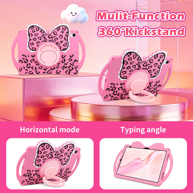 JAKPAK Kids Case for iPad (A16) 11th 10th Generation 11" 2025/10.9 in 2022 | Built-in 360° Rotating Kickstand, Double Handle, Cute Bow Leopard Print Soft Silicone Cover, Girly Kids Friendly, Pink