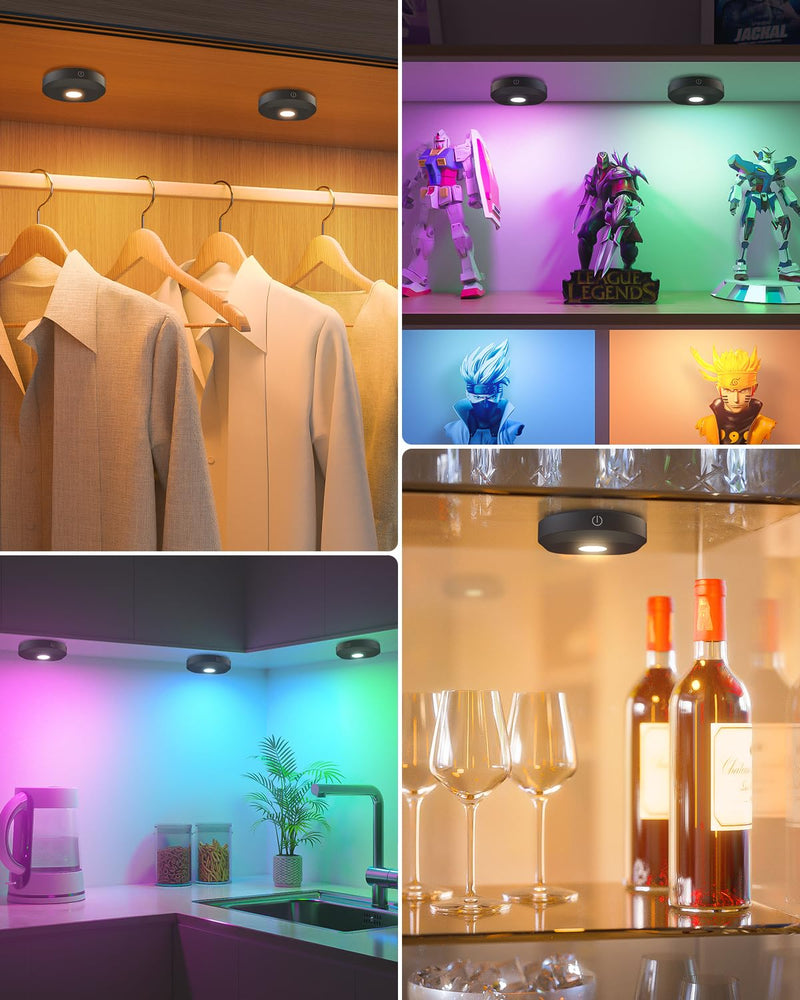 WILLED Under Cabinet Lighting Wireless,RGB Rechargeable Puck Lights with Remote Control,Battery Touch Tap Light with Timer Function,Stick On LED Lights for Kitchen,Cabinet,Counter,Closet,Shelf,6 Pack 6 Pack RGB Multicolor