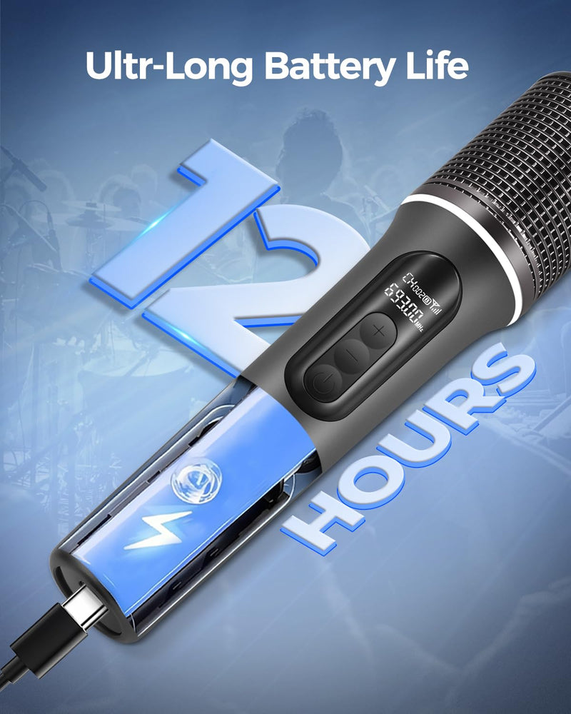 Wireless Microphones, 5-level Volume Adjustment, Dual Handheld Dynamic Mic with Dynamic Ambient Lighting,Ultra-Stable Rechargeable Receiver,40H Duration, 200ft Range,Karaoke Microphone for Singing