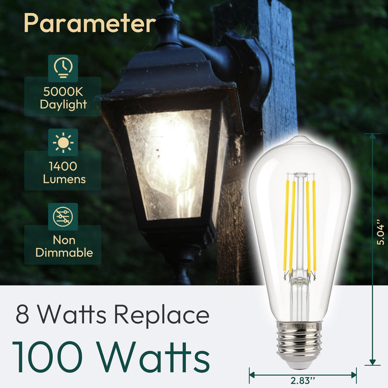 ALAMPEVER ST19 Dusk to Dawn LED Outdoor Light Bulb, 1400LM Sunlight Sensor Light Bulbs, 8W (100W Equivalent), 5000K Daylight White, Automatic Light Bulb for Porch, Patio, Garage, 4 Pack, Non-Dimmable 100w 5000k Daylight White 4 Count (Pack of 1)
