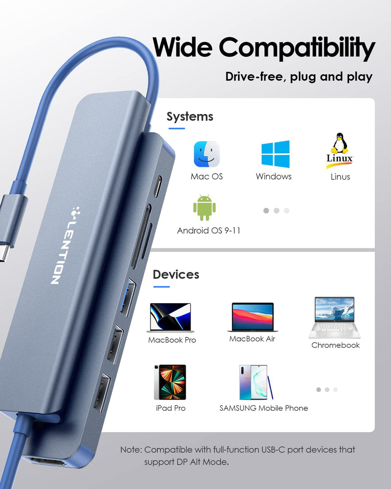 LENTION USB C Hub with 100W Charging, 4K HDMI, Dual Card Reader, USB 3.0 & 2.0 Compatible 2023-2016 MacBook Pro, New Mac Air/Surface, Chromebook, More, Stable Driver Adapter (CB-CE18,Blue) Blue