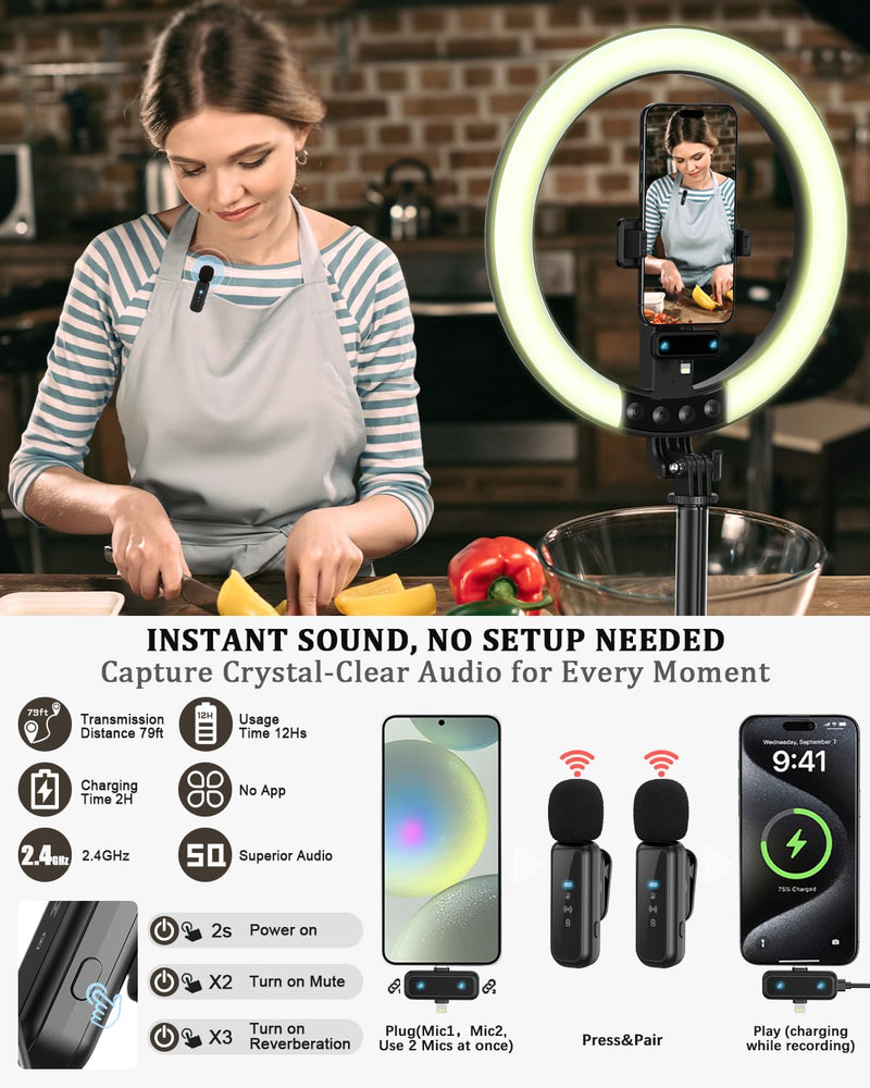 Vlogging Kit for iPhone/Android, 10” Ring Light with Stand, 74” Tripod for iPhone with Light, Microphone, YouTube Starter Kit for TikTok Content Creator 74"