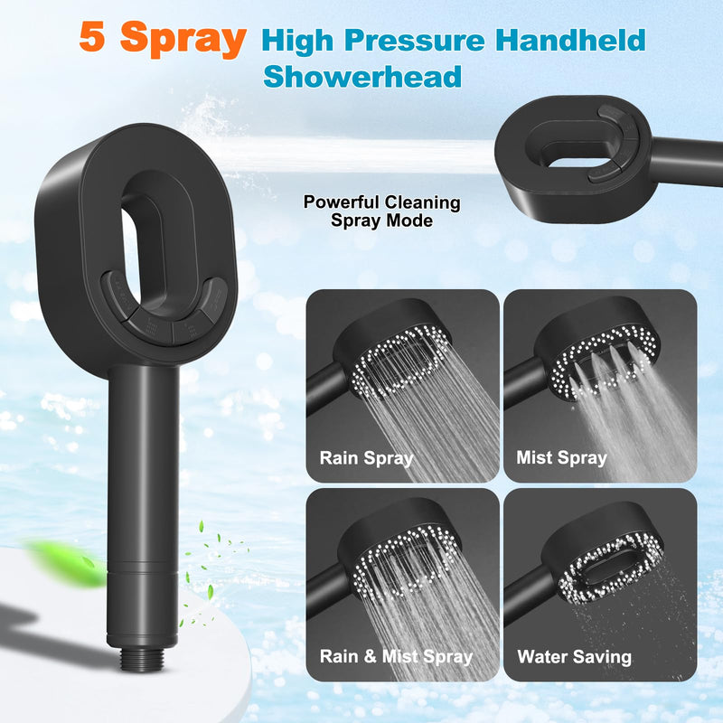 Hibbent Filtered Showerhead with handheld, High Pressure 5 Sprays Handheld Shower Head with Brass Holder & 71" Metal Hose, Water Softener for Hard Water-Remove Chlorine, Reduces Dry Itchy Skin, Black Showerhead with 1 Filter Matte Black