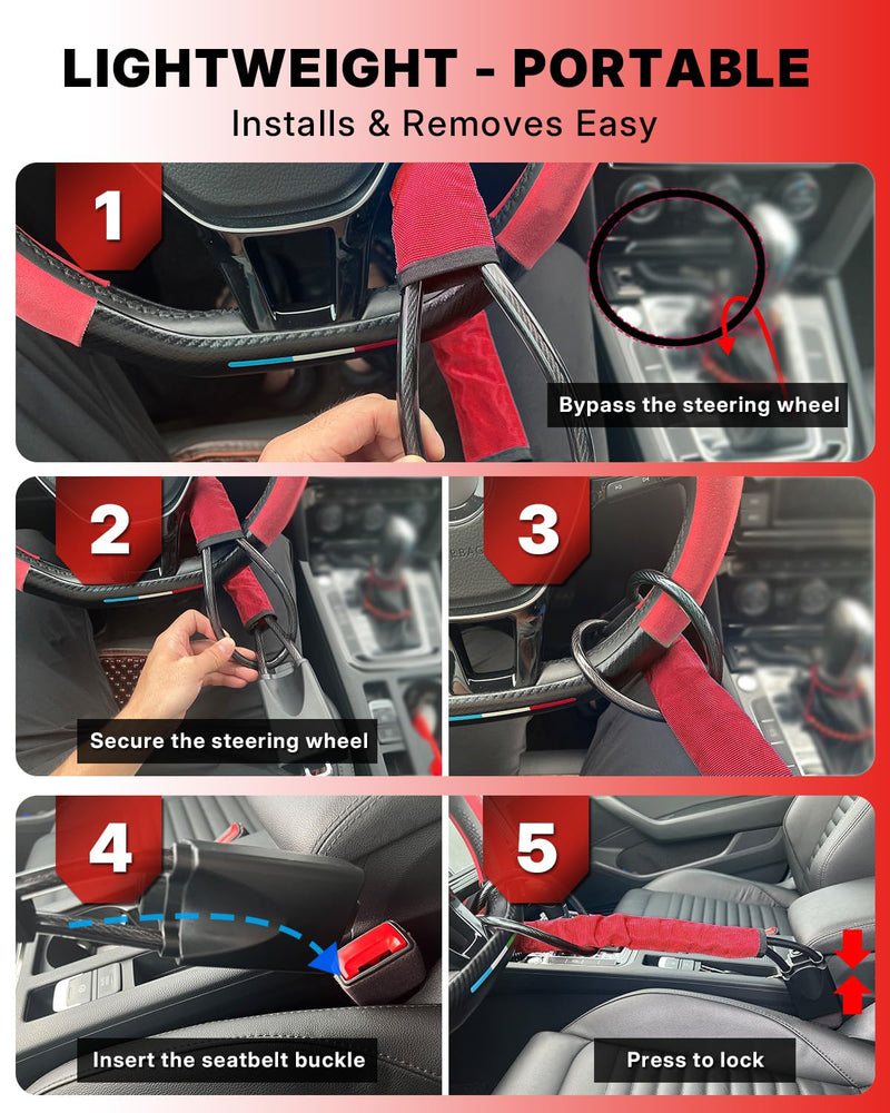 Car Steering Wheel Lock Seat Belt Lock Anti Theft Device Universal | 17" with 3 Keys for Auto Security Suitable for Most Vehicle,SUV,Golf Cart,Van,Truck Red