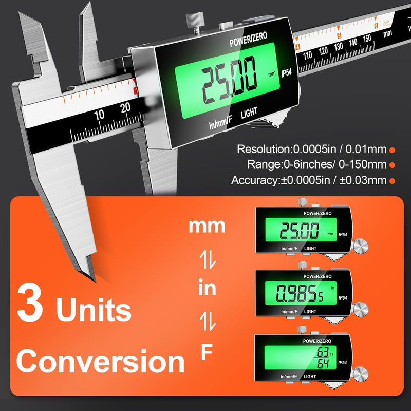 Preciva Backlight Digital Caliper,6inch IP54 Waterproof Rechargeable Electronic Micrometer with LCD Screen, Measurement Conversions for in/MM/F Precision Tool for DIY and Professional Use（Black）