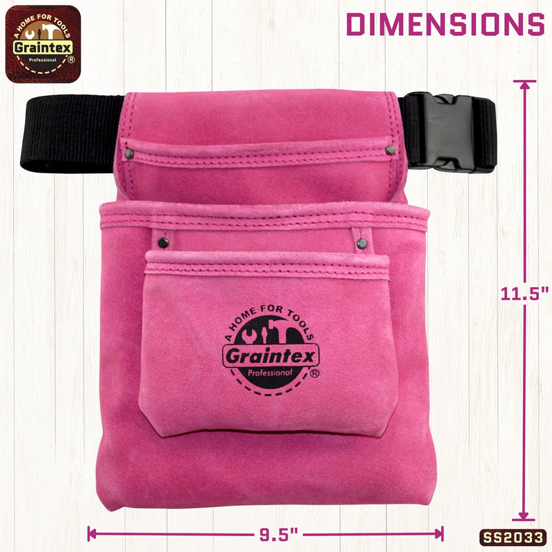 Graintex SS2033 3 Pocket Nail & Tool Pouch Pink Color Suede Leather with 2â€ Webbing Belt for Constructors, Electricians, Plumbers, Handymen