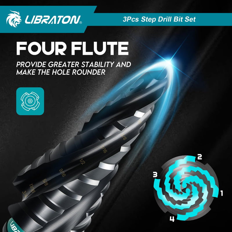 LIBRATON Four Spiral Flute Step Drill Bit, M35 Cobalt Unibit Step Drill Bit Set 1/8"-7/8", AlTiN Coated Step Bits, Four Spiral Flute, 1/4" Hex Shank for Metal, Stainless Steel, Aluminum, Plastic, 3PCS 1/8" - 7/8" (3pcs Set)