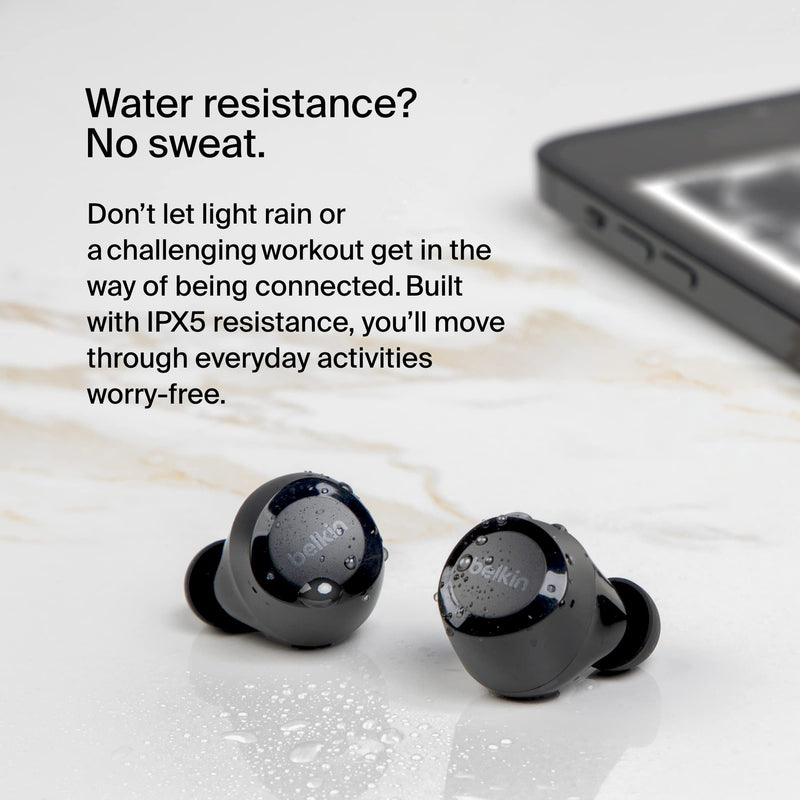 Belkin SoundForm Bolt True Wireless Earbuds, Wireless Charging, 28H | In-ear Bluetooth earbuds, IPX4 sweat resistant, USB-C and Qi charging case, mono mode, gym, commute, travel Black
