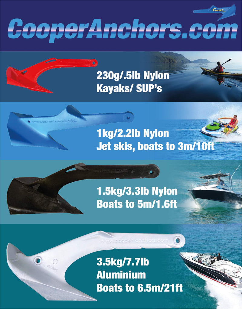 COOPER ANCHOR 1Kg/2.2lb - Nylon - PWC Anchor Jetski Anchor and Boat Anchor to 3.5m/12ft