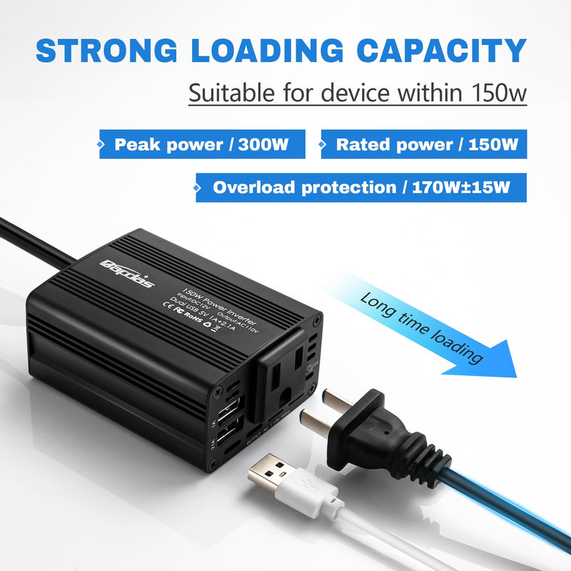 150W Car Power Inverter DC 12V to 110V AC Car Adapter for Plug Outlet with 3.1A Dual USB Car Charger for Laptop Computer-Black Version 1.0