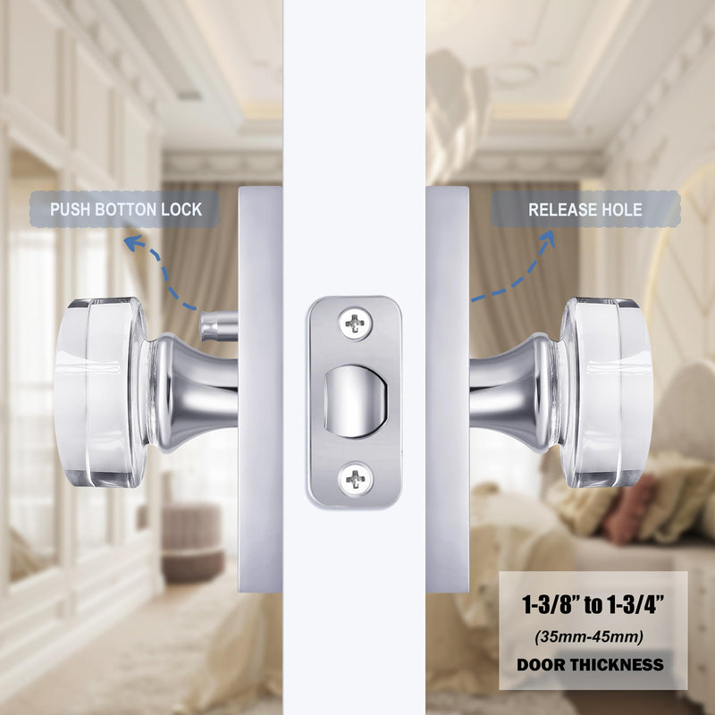 Polished Chrome Crystal Privacy Door Knob, Zinc Alloy, 1Pack | Glass Interior Door Handle for Bedroom Bathroom |Water Proof|Adjustable Latch|Reversible Polished Chrome