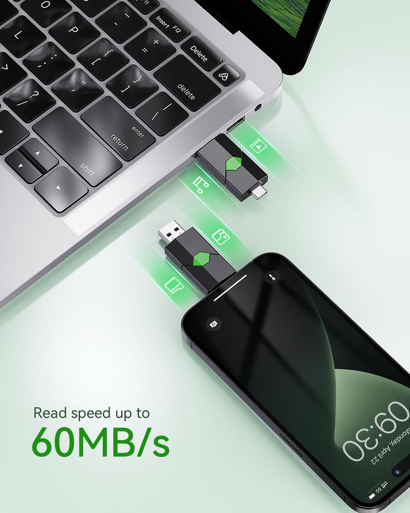 K&ZZ Type-C USB Flash Drive 64G, Thumb Dual Drive USB 3.0 + Type-C, USB Stick for Smartphones and Computers 64GB-3.0 Green
