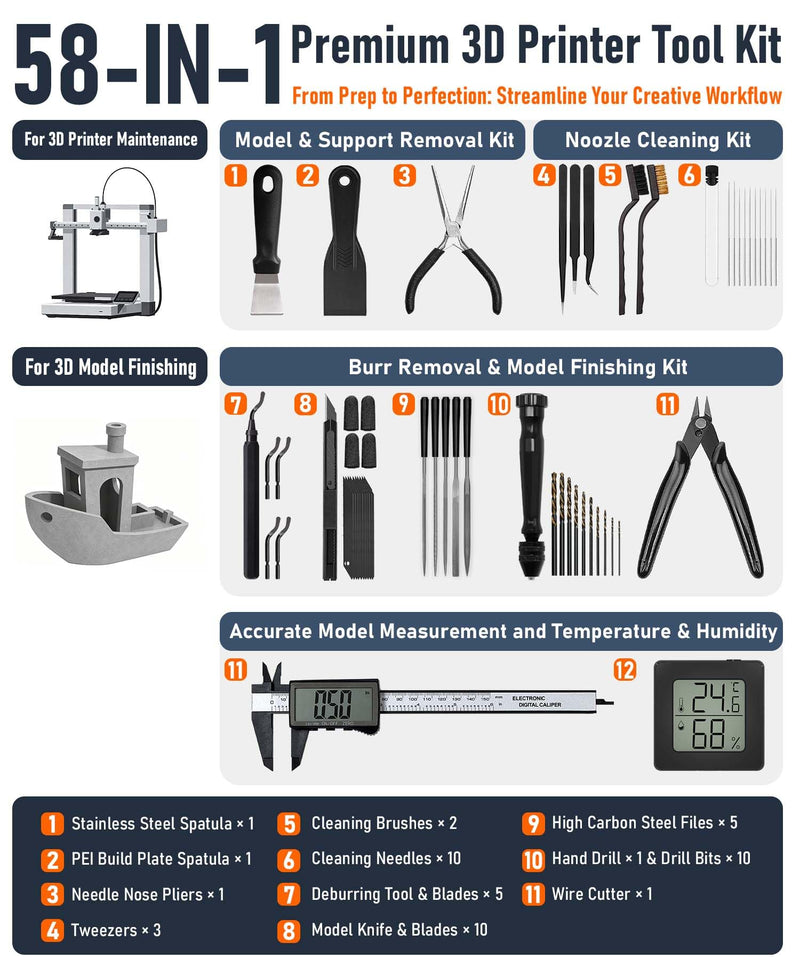 3D Printer Tools Kit, Quality 3D Printing Tool Kit for Model Measuring/Finishing/Deburring/Drilling, 3D Printer Accessories for All FDM/SLA Printers Removing Support, Cutting Filament