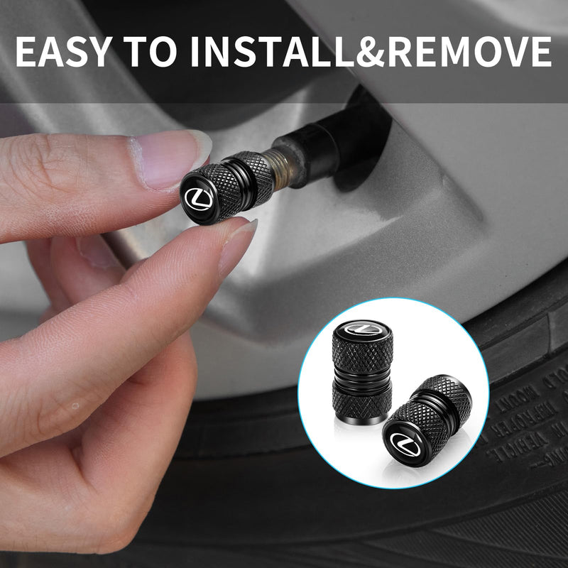 Tire Valve Stem Cap for Lexus Metal Tire Stem Cover with Belt O-Ring Air caps Sports Accessories 4 Pieces (Black) Black-04