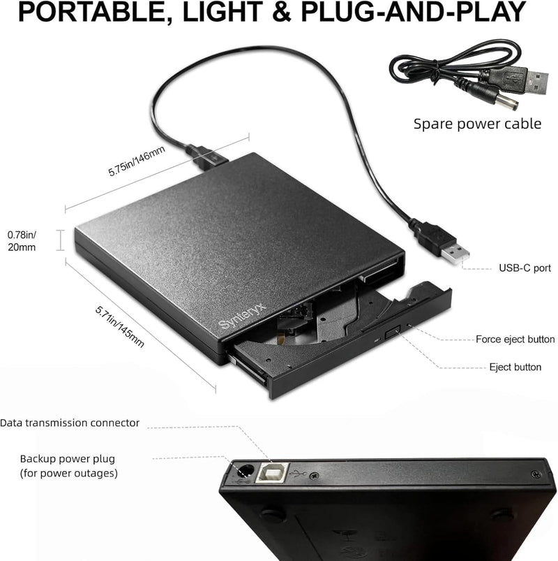 External CD DVD Drive, USB-A & USB-C CD Burner for Laptop, PC & Mac | Portable DVD Burner & CD Reader Writer, Play & Burn 2-in-1 External Disc Drive Compatible with Windows, macOS & Linux 2-in-1-Matte Black