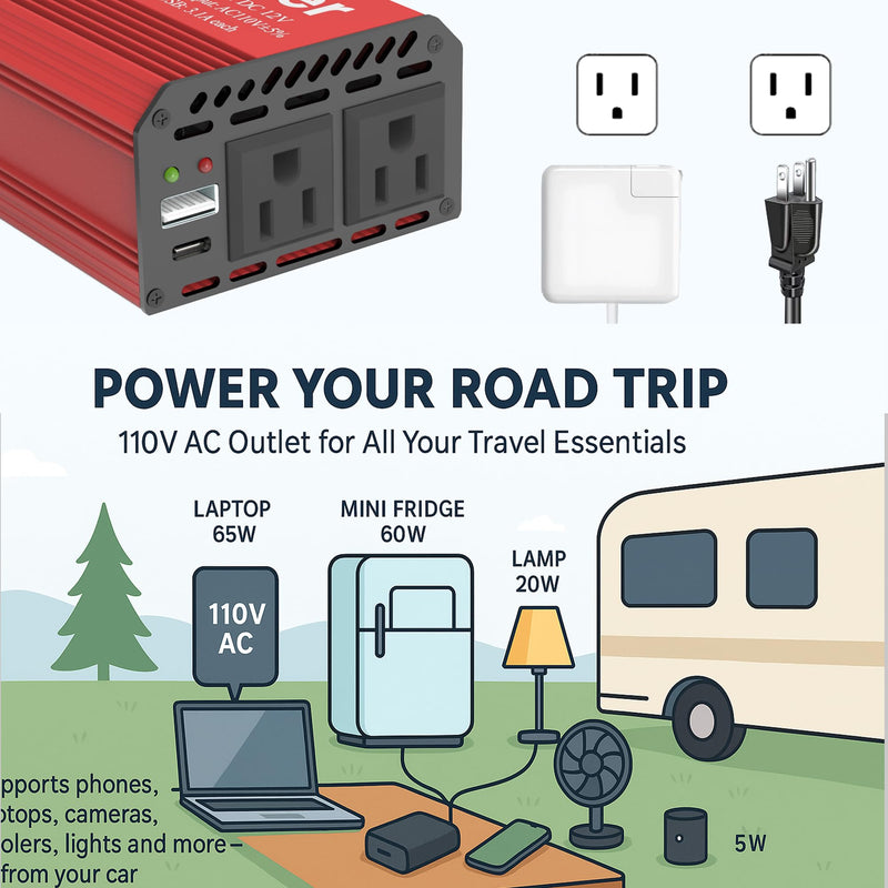 Pro Chaser 400W Power Inverters for Vehicles - DC 12v to 110v AC Car Inverter Converter, USB-A, PD 65W USB-C Ports, Dual AC Adapter for Air Compressor Laptops