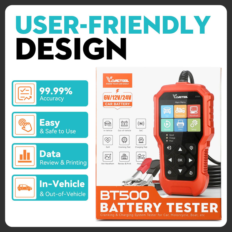 Car Battery Tester 6V 12V 24V VDIAGTOOL BT500, 5-3000 CCA Battery Load Tester, Starter Alternator Tester Automotive Charging Cranking System Analyzer for Car Truck Motorcycle SUV ATV Boat
