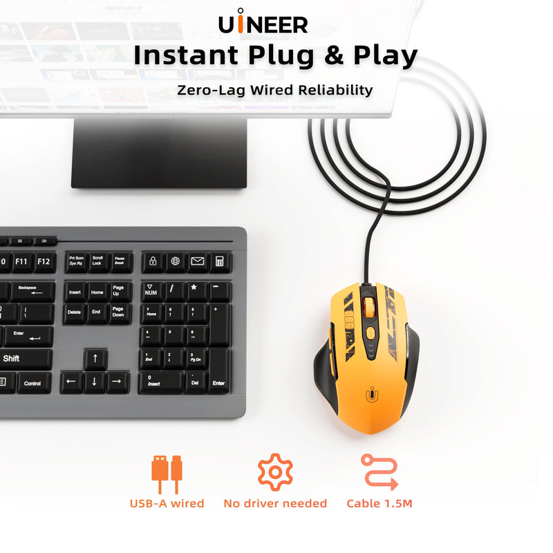 Uineer Wired Gaming Mouse, USB-A Mouse with 6 Programmable Buttons | Adjustable DPI up to 7200 ,RGB Lighting, ,Ergonomic Grip, Plug and Play for PC Gaming, Office, Laptop