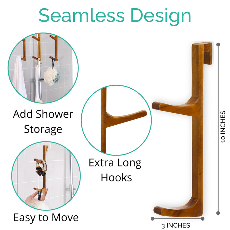 Over Shower Door Towel Hook - No Drill, No Rust, Moisture Proof Hard Wood - Shower Door Hooks for Towels - Space-Saving Bathroom Organizer Home Decor - 2pcs 2