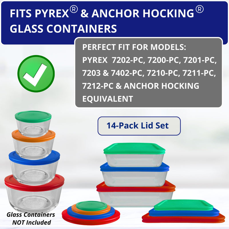 1, 2, 4 & 7 Cup Round & 3, 6, 11 Cup Rectangle Replacement Lids/Covers for Pyrex, Anchor Hocking & KlareWare Storage Bowls *Lids Only -Glass Container Not Included*, 14 Pack *2 of Each Size* Green, Orange, Blue, Red, Green, Blue, Red